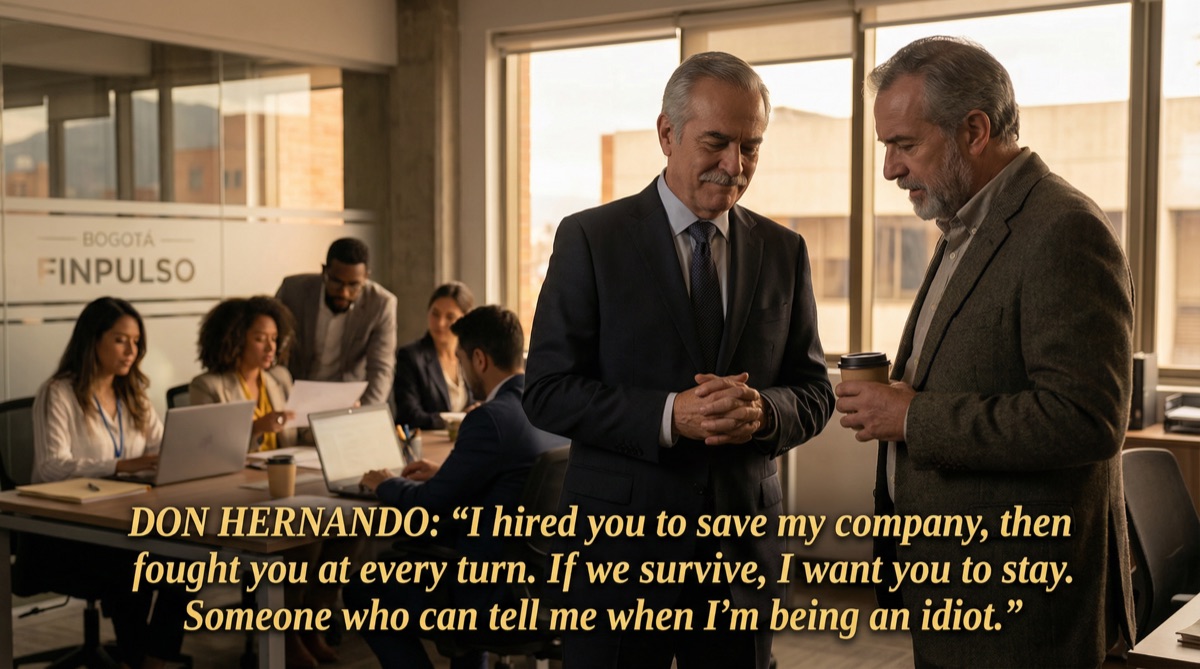 Don Hernando y Stefan parados en el área de desarrollo, hablando en voz baja mientras el equipo trabaja detrás de ellos. Dos hombres muy diferentes, encontrando respeto mutuo. Algo ha cambiado — no solo en la empresa, sino en su patriarca.