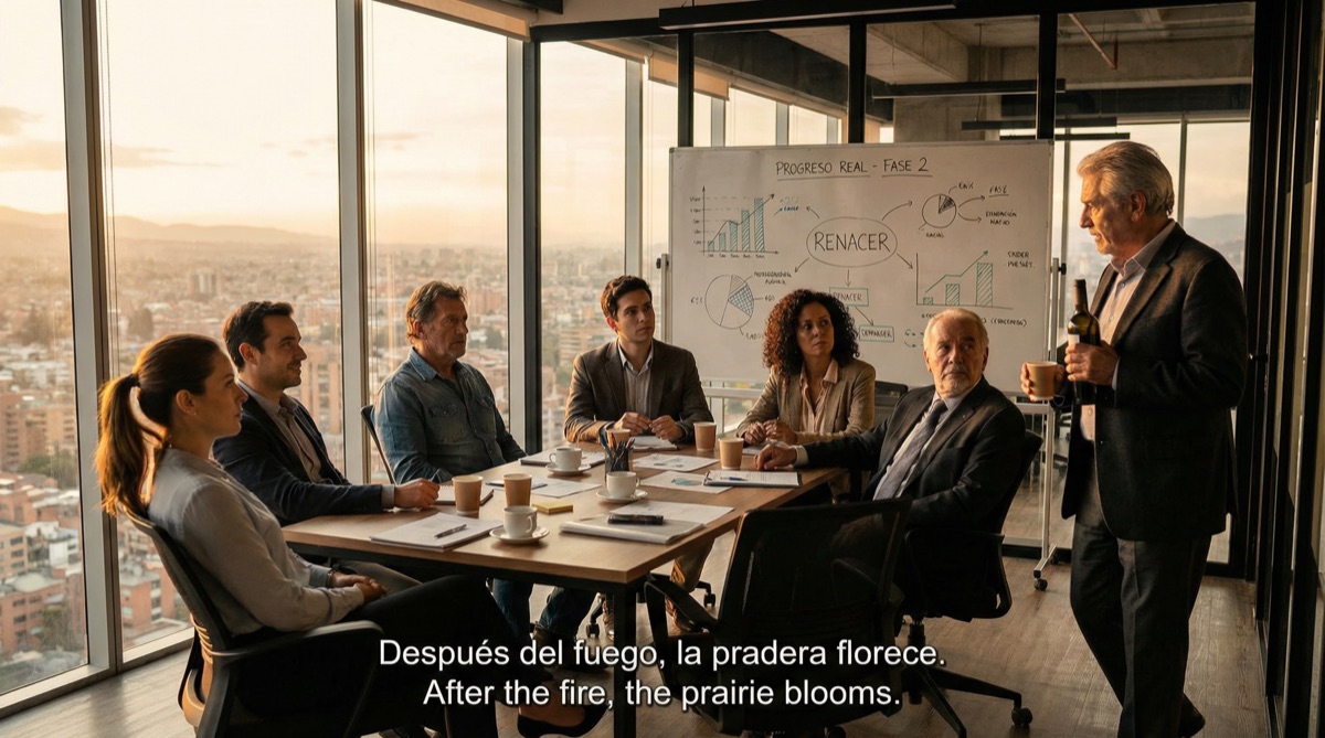 El equipo de FinPulso sentado junto en la sala de conferencias, agotados pero esperanzados. Por primera vez, parecen un equipo. Las pizarras detrás de ellos muestran no solo planes, sino progreso. El sol se pone sobre Bogotá afuera de las ventanas.