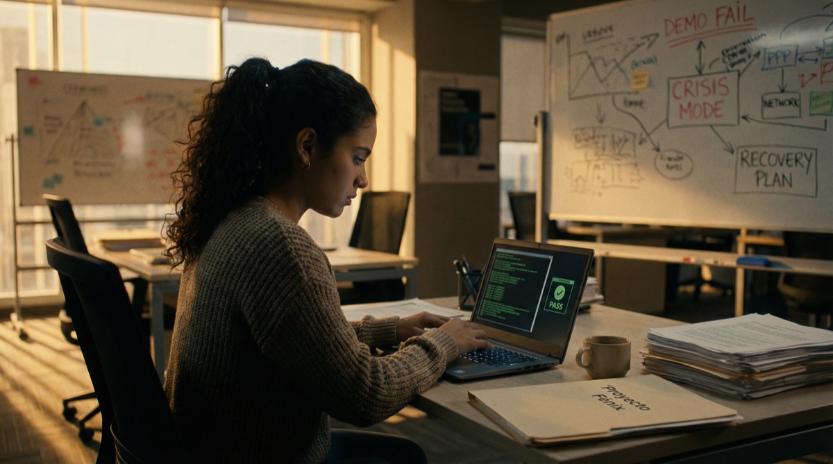 Camila sentada sola en la oficina vacía, el sol de la mañana proyectando largas sombras. Su laptop muestra código — limpio, testeado, funcional. El secreto que ha estado guardando está a punto de volverse imposible de ocultar.