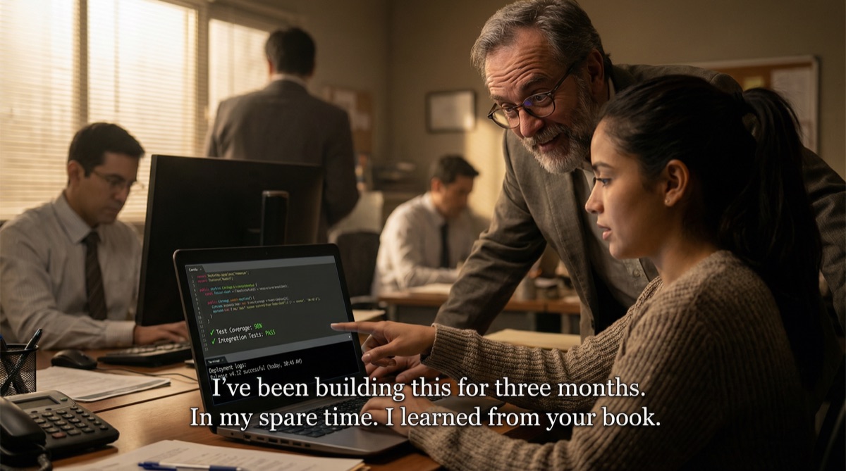 Camila le muestra a Stefan la pantalla de su laptop. Proyecto Fénix está abierto — una base de código limpia con indicadores de pruebas verdes y logs de despliegue diarios. La expresión de Stefan cambia de curiosidad a reconocimiento. Está mirando la solución.