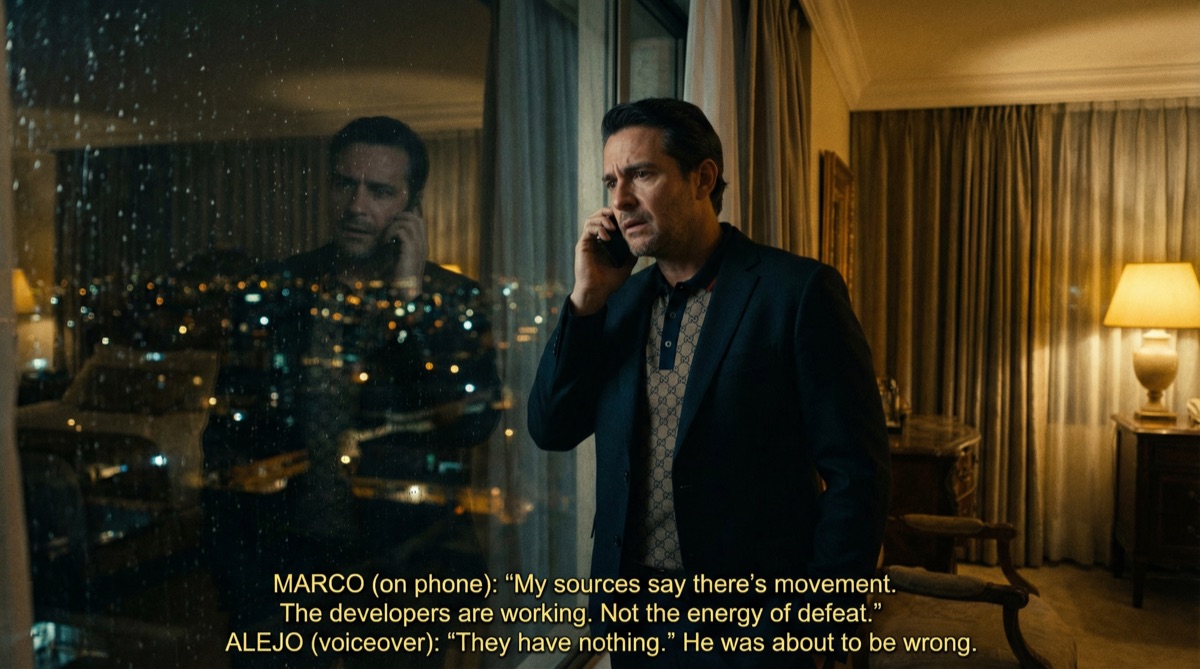 Alejo parado en su habitación de hotel, el teléfono presionado contra su oído, las luces de la ciudad visibles a través de la ventana detrás de él. Su sonrisa confiada se ha desvanecido. Algo inesperado está pasando, y no sabe qué.