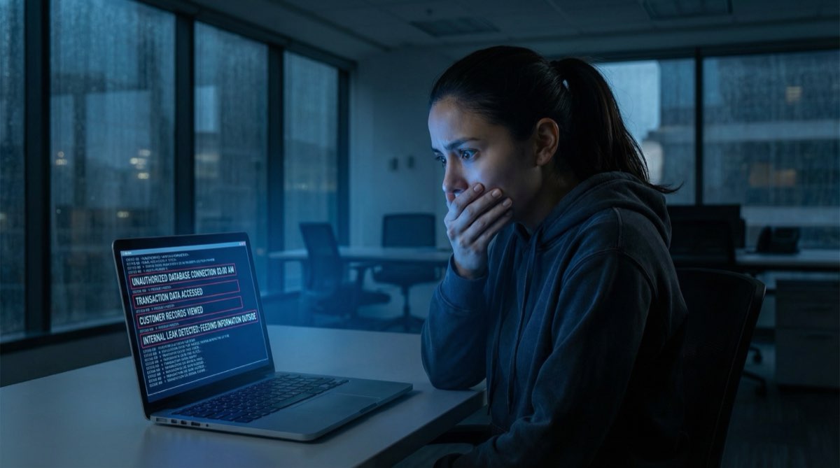 Camila sola en la oficina oscura, su cara iluminada por la pantalla de su laptop. Los logs de acceso muestran una conexión no autorizada. Alguien ha estado observando. Y ahora ella lo sabe.