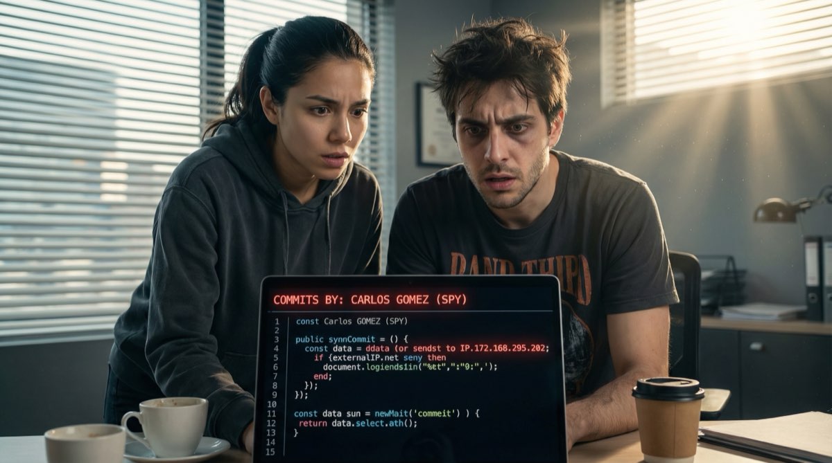 Camila y Diego miran la pantalla de la laptop. El historial de commits revela al traidor. Alguien en quien confiaban. Alguien que les sonreía cada día. El nombre brilla en la pantalla como una acusación.
