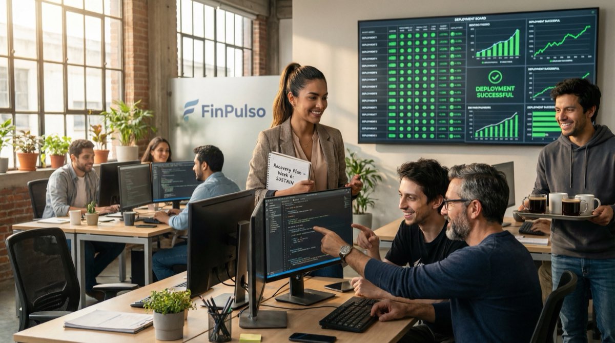 La oficina de FinPulso transformada. Estaciones de pair programming con dos desarrolladores en cada pantalla. Un tablero de deployment muestra indicadores verdes. Camila camina entre los equipos, libreta en mano, cómoda en su nuevo rol.