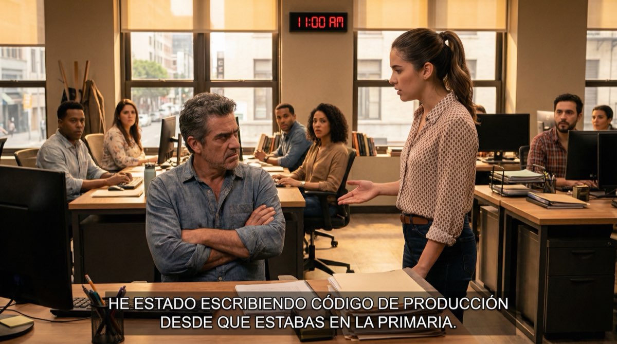 Hernán Mendoza sentado solo en su escritorio, brazos cruzados, mientras parejas de desarrolladores trabajan a su alrededor. Su expresión es de desprecio. Veinte años de experiencia le han enseñado una cosa: él sabe más.