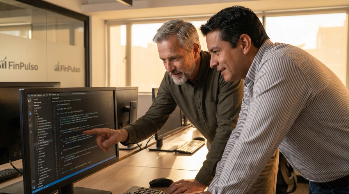 Stefan sentado junto a Hernán, estudiando el código en la pantalla. La postura de Hernán es defensiva, pero sus ojos traicionan un destello de algo más — el orgullo de un artesano al que le piden mostrar su trabajo.