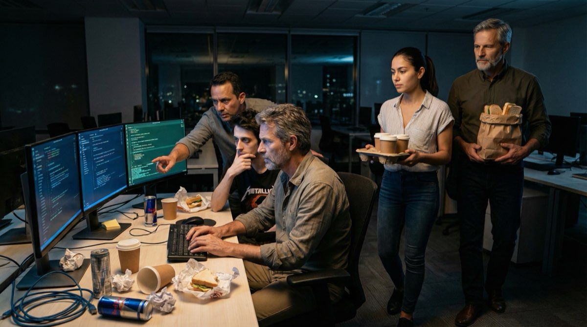Tres monitores brillan en la oficina oscura. Hernán, Diego y Pipe trabajan juntos, sus caras iluminadas por código. Tazas de café y envolturas de sándwich esparcidas en el escritorio. Esto es lo que parece la colaboración.