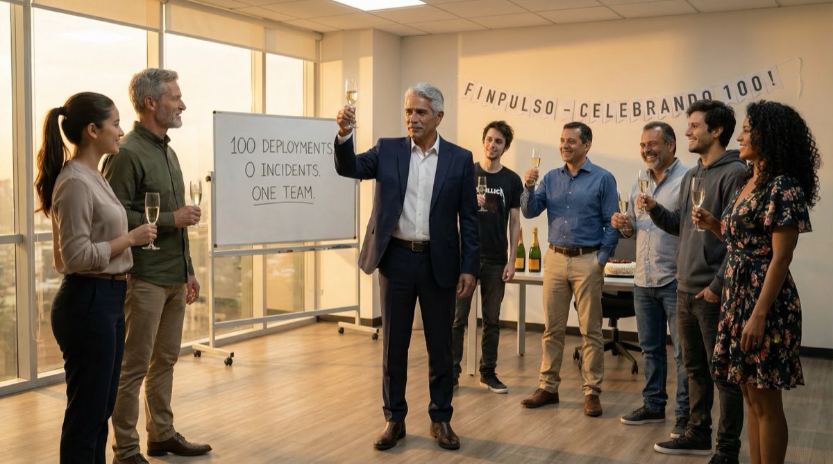 El equipo de FinPulso reunido para la celebración del deployment 100. Copas de champagne en alto. Don Hernando hace un brindis. Stefan y Camila están juntos, los arquitectos del cambio. Hernán, sorprendentemente, está sonriendo.