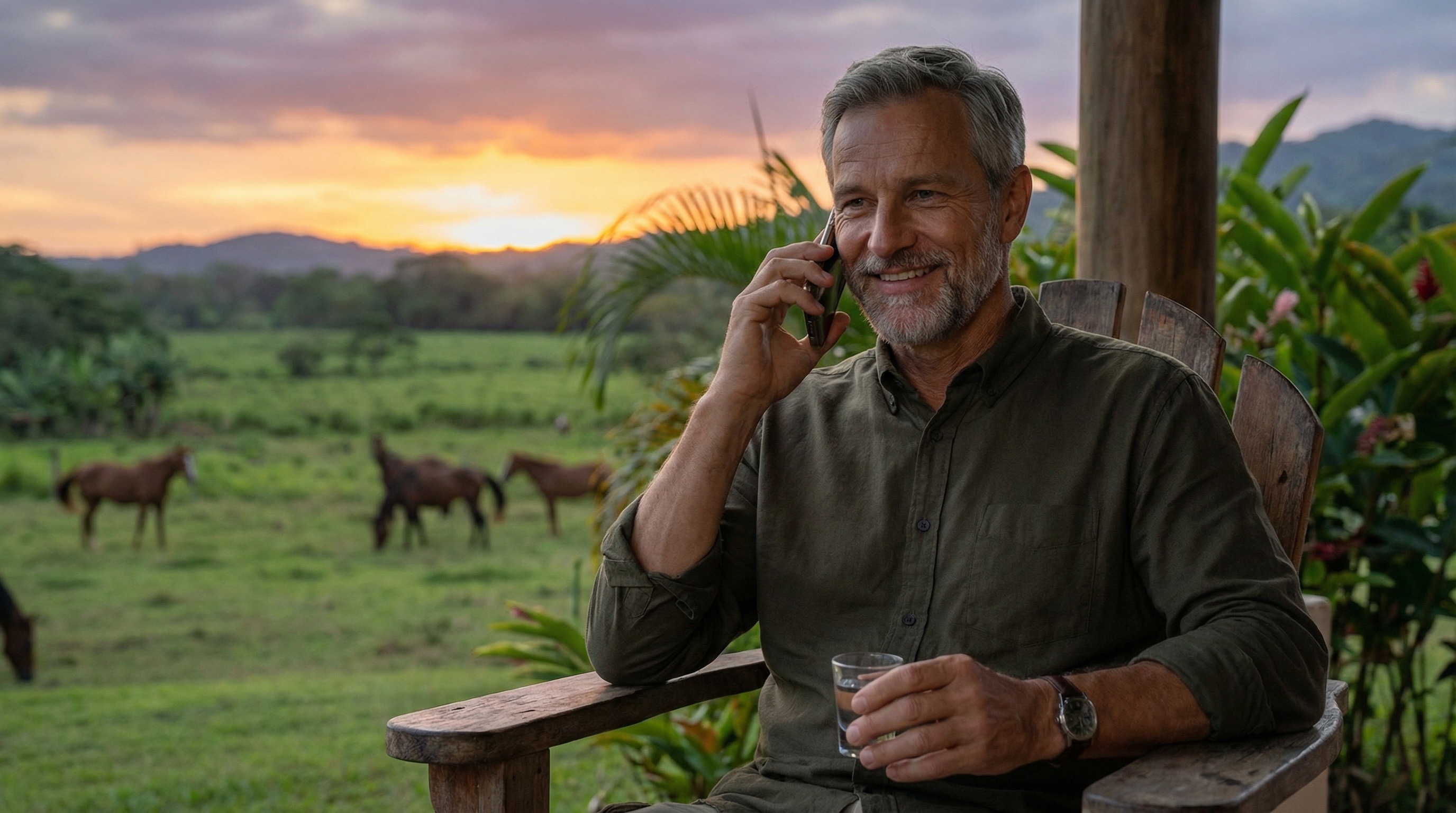 Stefan en su terraza en Panamá, teléfono al oído, observando sus caballos pastar mientras el sol se pone. Las noticias de Bogotá son buenas. Su trabajo allá podría finalmente estar echando raíces.