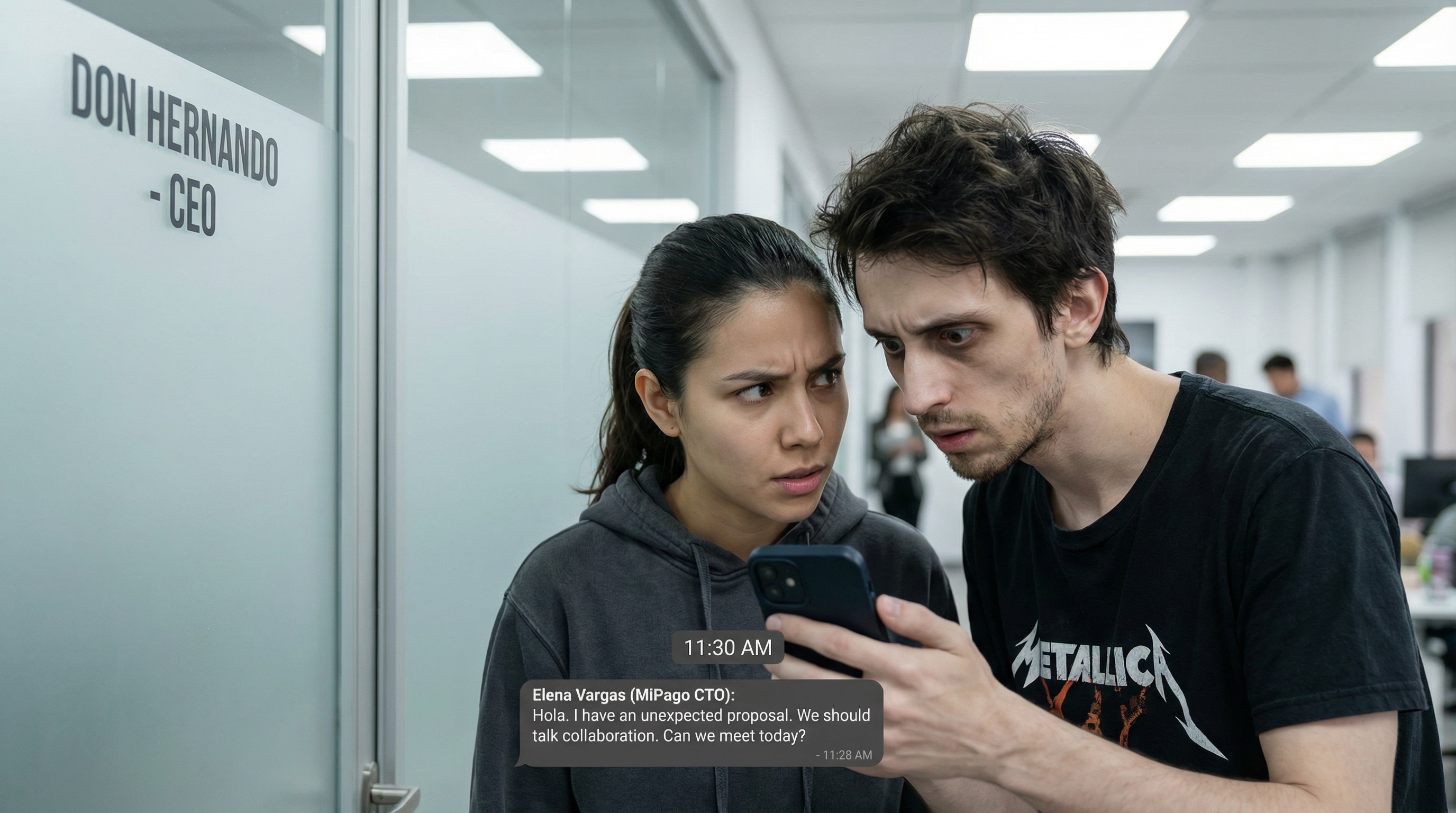 Diego le muestra a Camila su teléfono en el pasillo fuera de la oficina de Don Hernando. El hilo de mensajes brilla en la pantalla. La competencia quiere hablar — y la razón podría cambiarlo todo.
