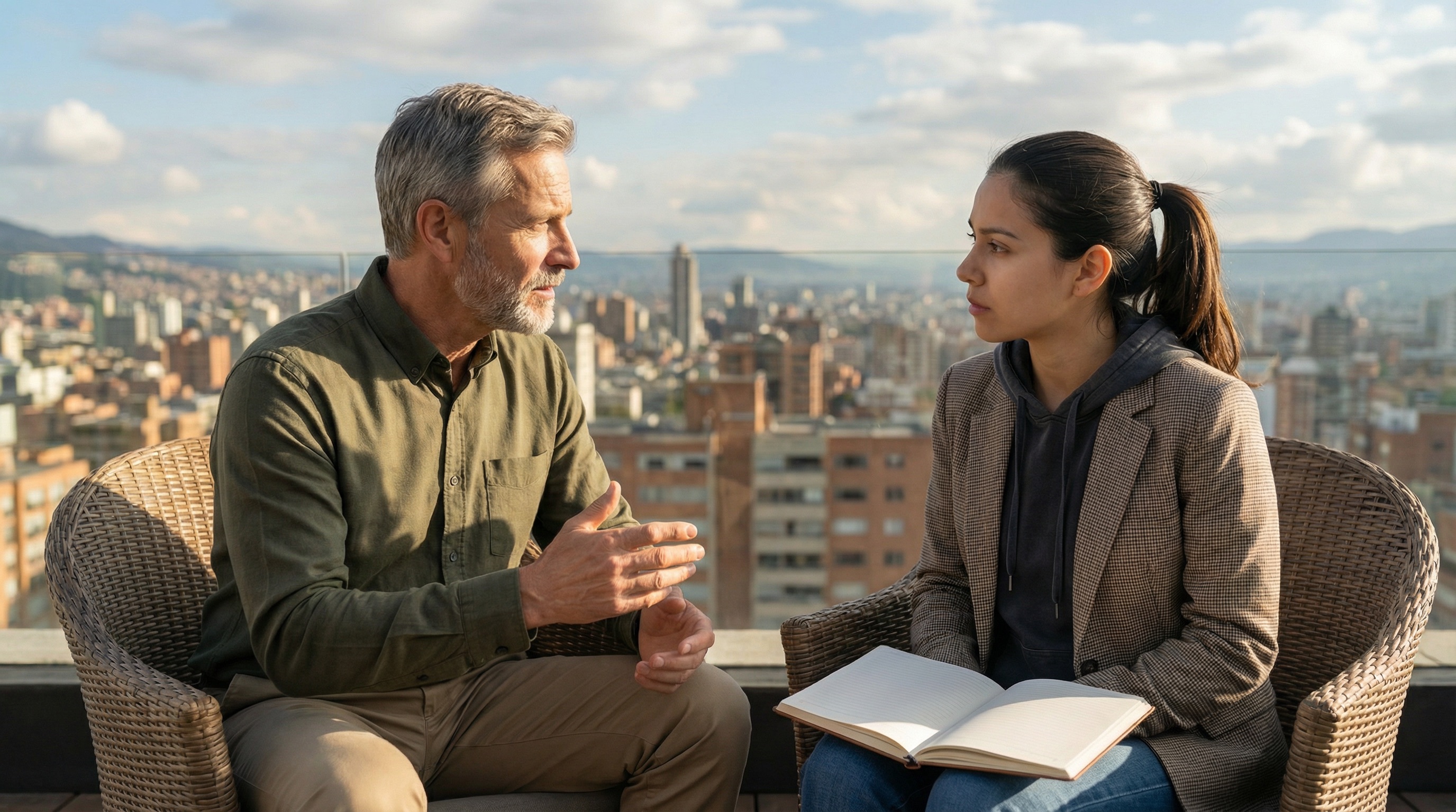 Stefan y Camila en la terraza de la azotea, la ciudad extendiéndose debajo de ellos. Él la está advirtiendo sobre lo que viene. Ella está aprendiendo que el éxito crea nuevos tipos de problemas.