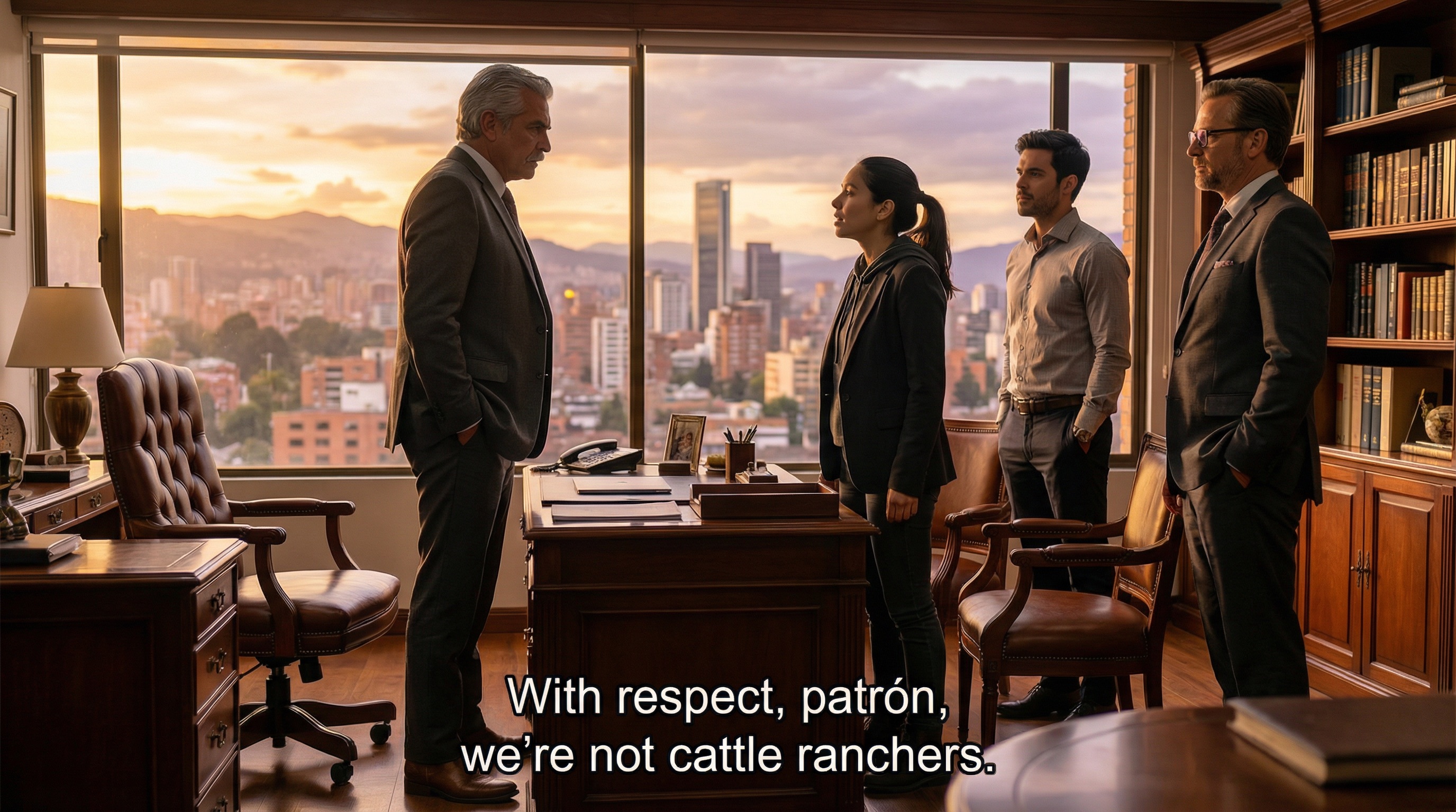 La oficina de Don Hernando, luz del atardecer. Está parado junto a la ventana, silueteado contra el horizonte de Bogotá. Camila y Diego esperan. El viejo ranchero está sopesando opciones que podrían definir el futuro de FinPulso.