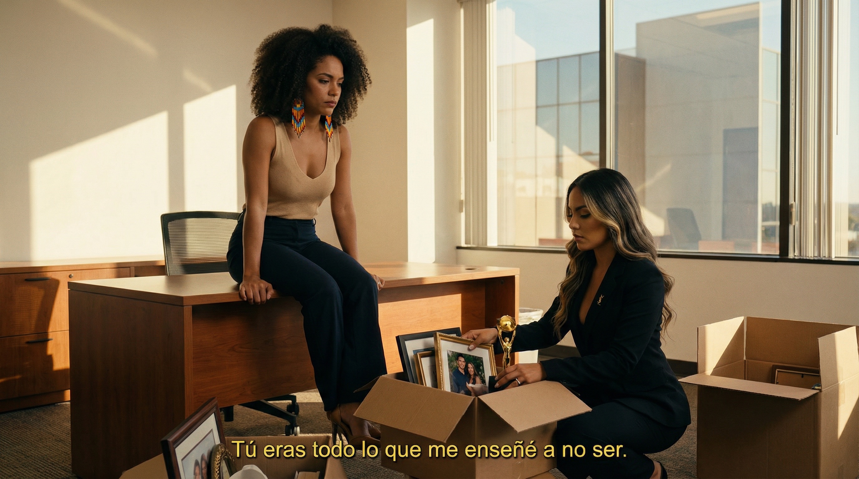 Isabella y Luciana en la oficina de marketing vacía. Cajas medio empacadas. Dos mujeres que nunca se entendieron, encontrando terreno común inesperado en el fracaso.