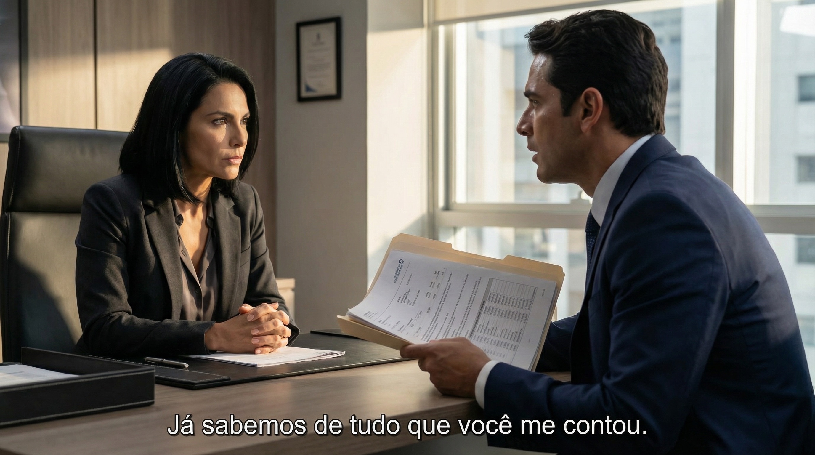 La oficina de Mariana. Alejo sentado frente a ella, su sonrisa confiada vacilando. La carpeta que le ha empujado contiene algo inesperado. El cazador se ha convertido en cazado.