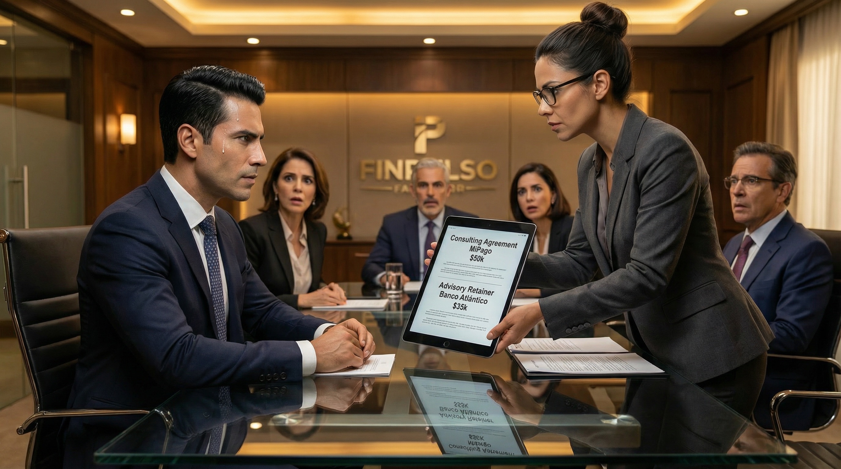 La pantalla de la tableta de Laura muestra los contratos ocultos, reflejados en la mesa de vidrio. La compostura perfecta de Alejo se está agrietando. Todos lo ven ahora — la traición nunca fue sobre pasión o errores. Fue negocio.