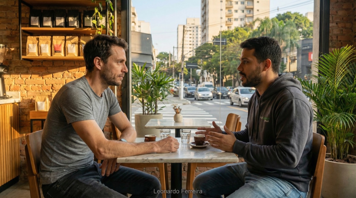 Leonardo Ferreira sits across from Stefan at a small café table, coffee cups between them, morning light streaming through the window as São Paulo traffic crawls past outside.