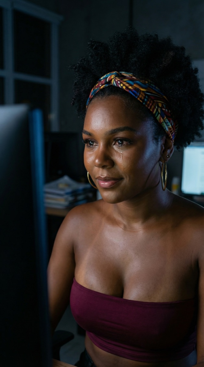 Júlia's face illuminated by the monitor, a mixture of concentration and dawning hope as she writes her first acceptance test under Stefan's guidance.