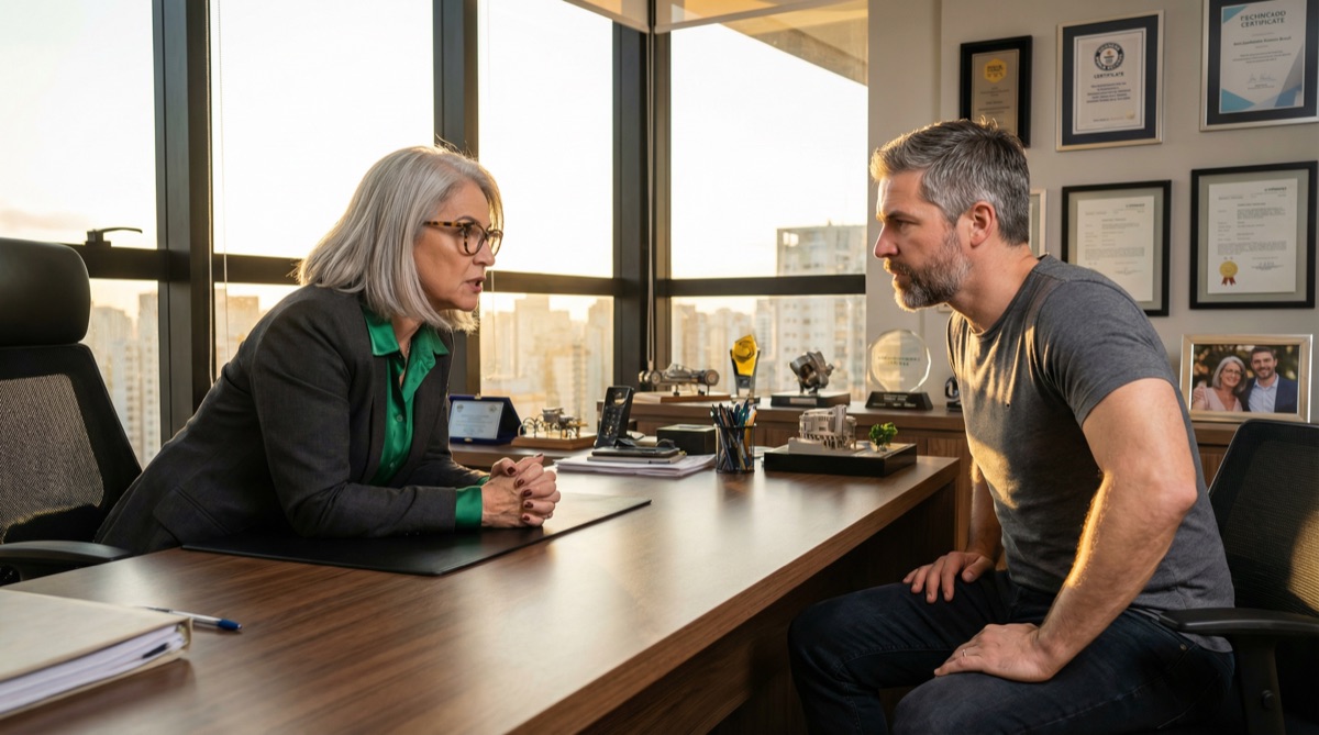 Dr. Helena Ferreira sits behind her executive desk, silver hair immaculate, sharp eyes fixed on Stefan as São Paulo's skyline stretches behind her through floor-to-ceiling windows.