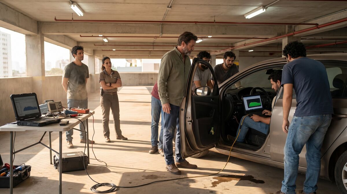 Stefan and the radio developers test their working volume-control fix in a prototype car while Adriana observes.