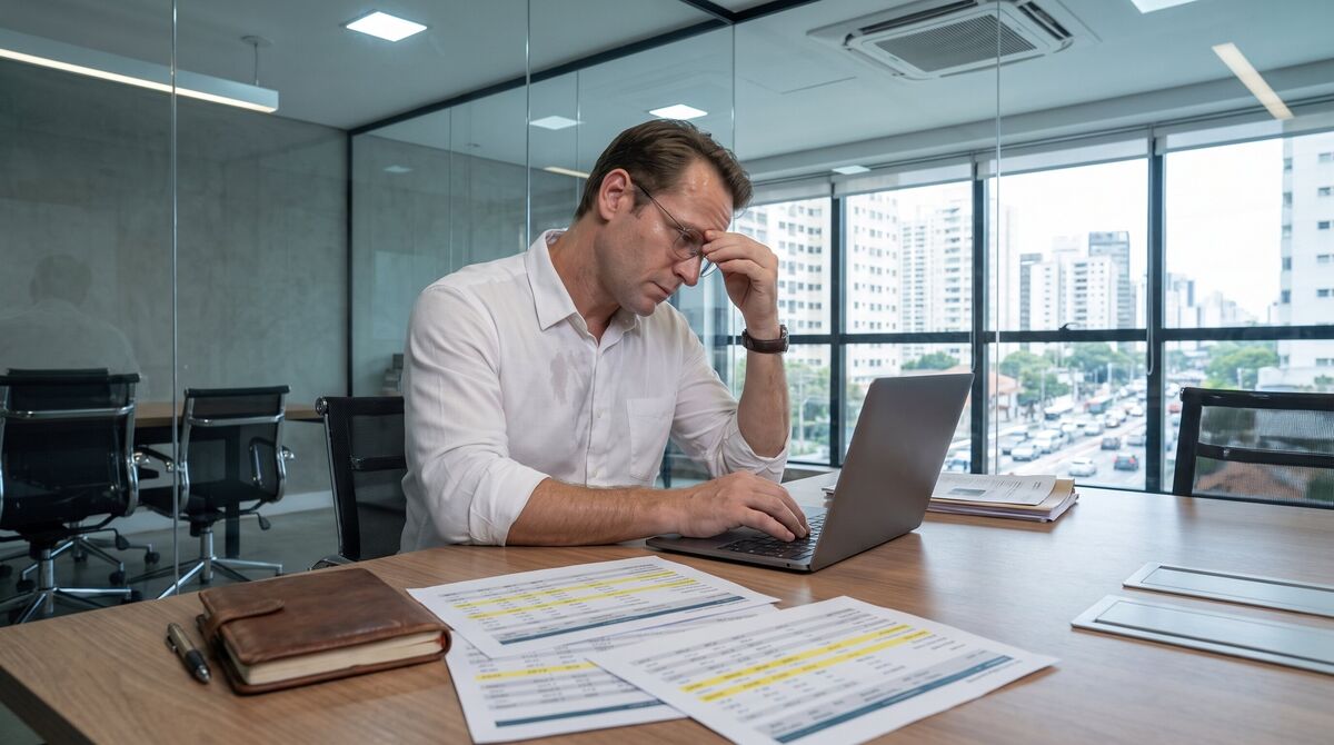 Klaus sits alone with his laptop, leather notebook, and highlighted financial pages in a glass conference room above São Paulo.