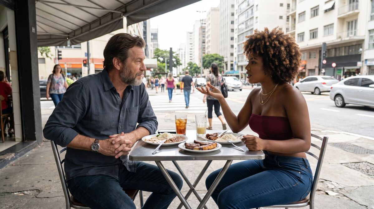 Júlia leans across a metal restaurant table to explain the climate-control failure while Stefan listens over lunch near Avenida Paulista.