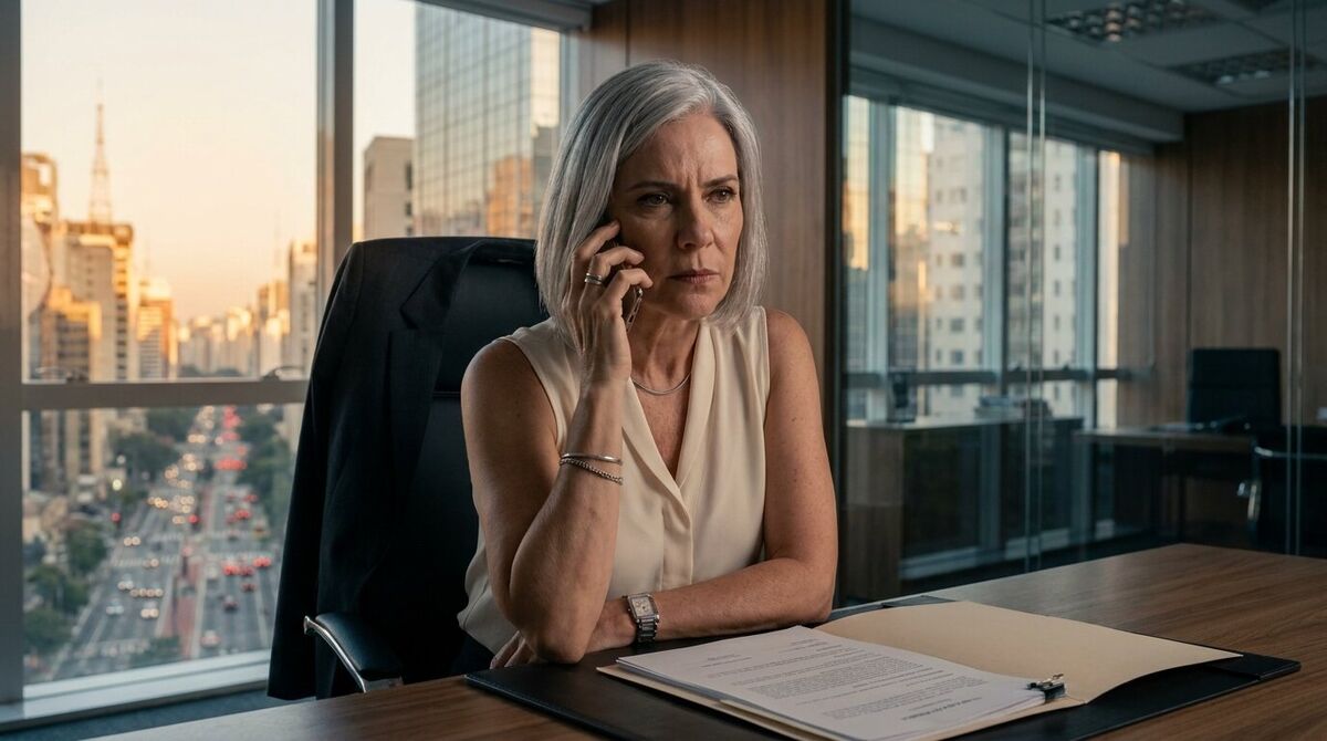 Helena holds the phone beside an open contract folder, containing her anger as late-afternoon São Paulo fills the office windows.