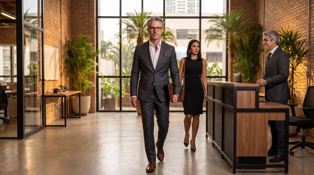 Marcus Delacroix arrives at AutoConnect with Natalia Vásquez as Bernardo Souza welcomes them in the lobby.