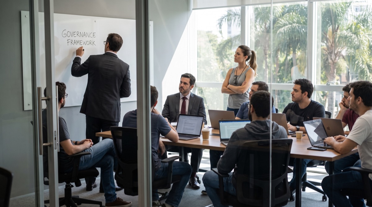 Marcus leads a governance assessment while developers, Adriana, and Bernardo watch in a glass-walled conference room.