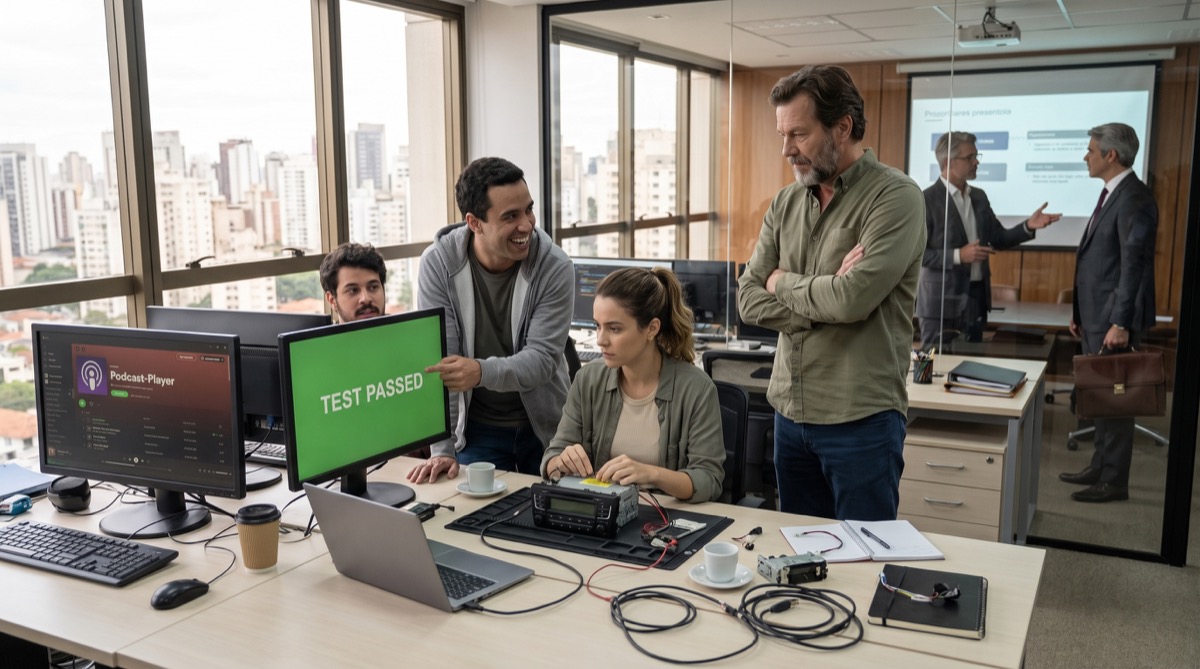 The radio team tests podcast support while Stefan observes and Marcus presents to Bernardo beyond the glass.