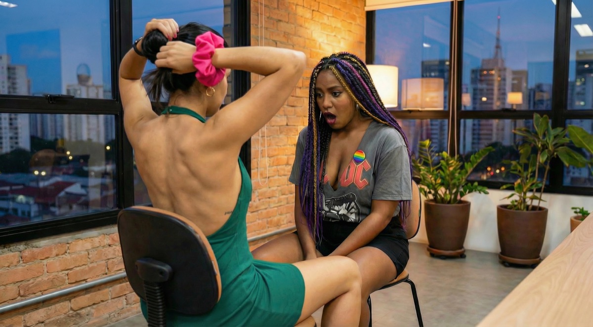 Natalia ties her hair while Dandara reacts in AutoConnect's glass-walled meeting room.