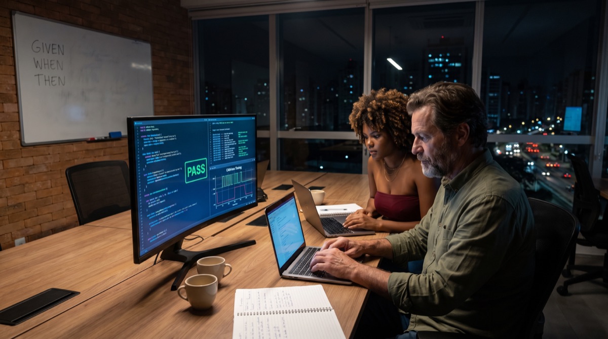 Júlia and Stefan work late on source code, tests, and a CAN bus trace.