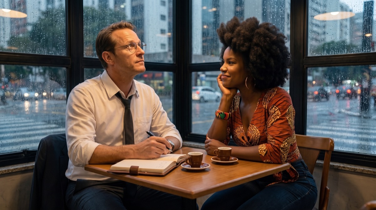 Klaus and Thaís talk over espresso in a rain-streaked café near Avenida Paulista.