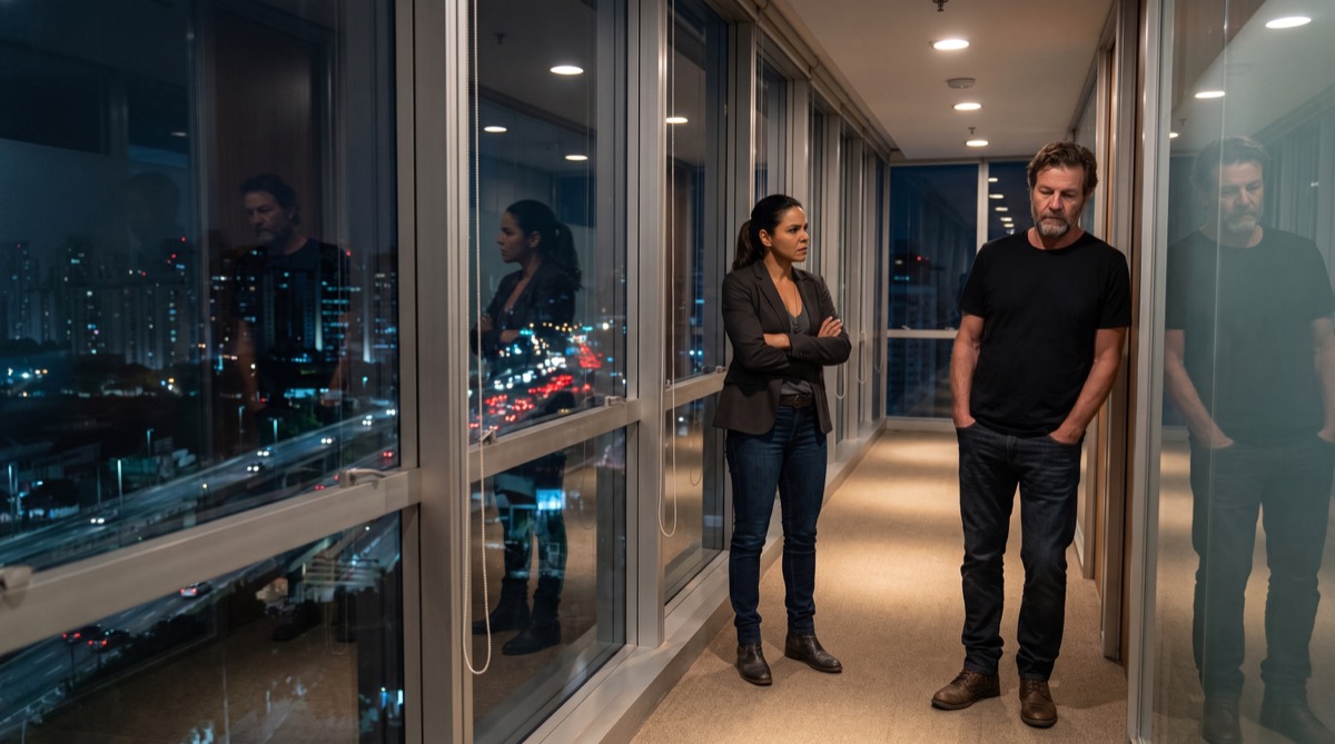 Adriana confronts Stefan beside windows overlooking São Paulo's night skyline.
