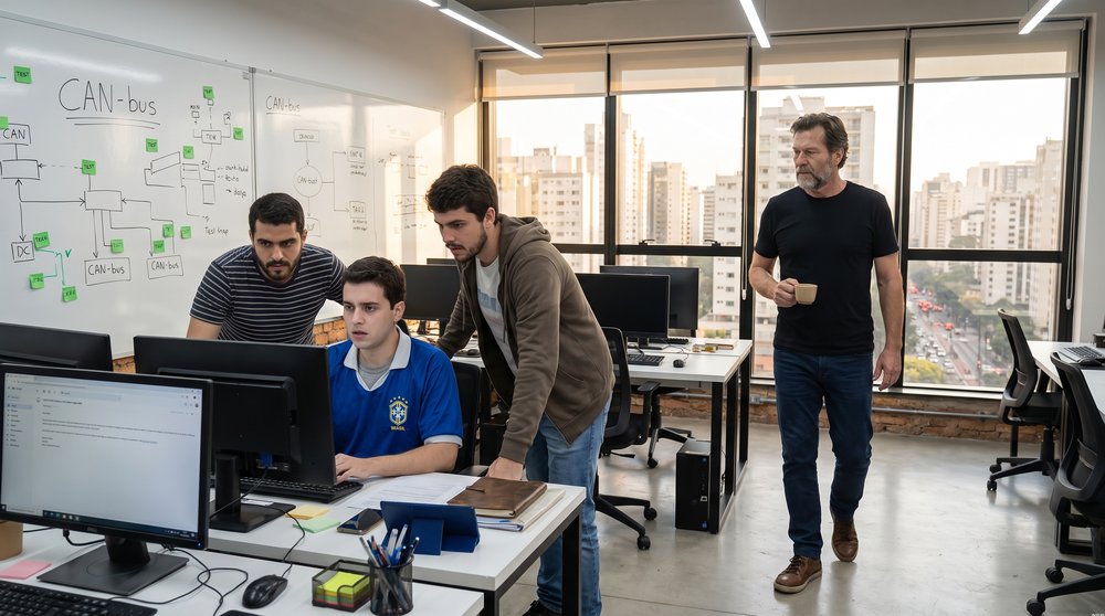 Rodrigo reads Passau's QA email while Stefan approaches in the navigation team's office