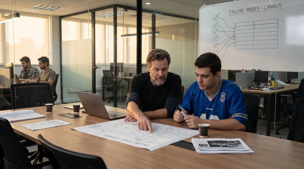 Stefan and Rodrigo compare test evidence with a failure-mode table in a glass-walled meeting room
