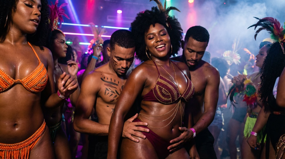 Júlia's crew on the dance floor — sequins, sweat, bodies moving as one