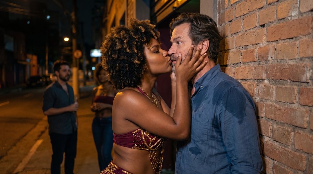 Júlia kisses a startled Stefan against the brick wall outside the samba house