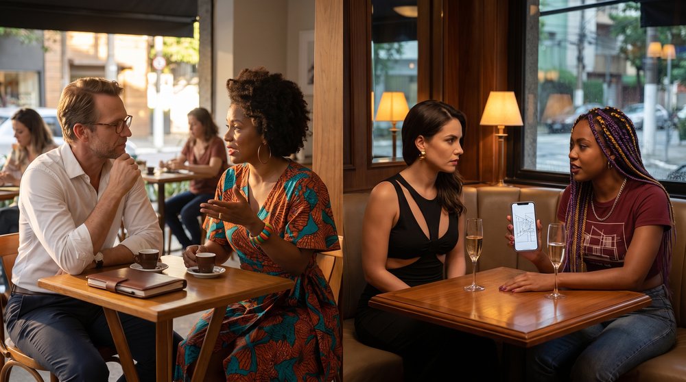Klaus listens to Thaís in a café while Natalia questions Dandara in a bar