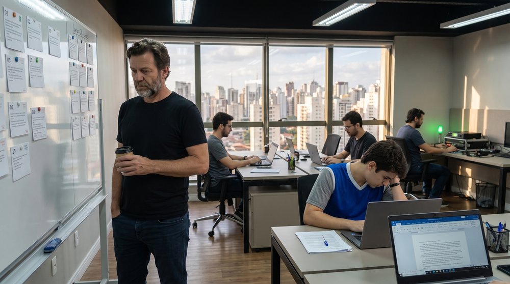Stefan studies assigned QA questions beside Rodrigo while the radio team works across the office