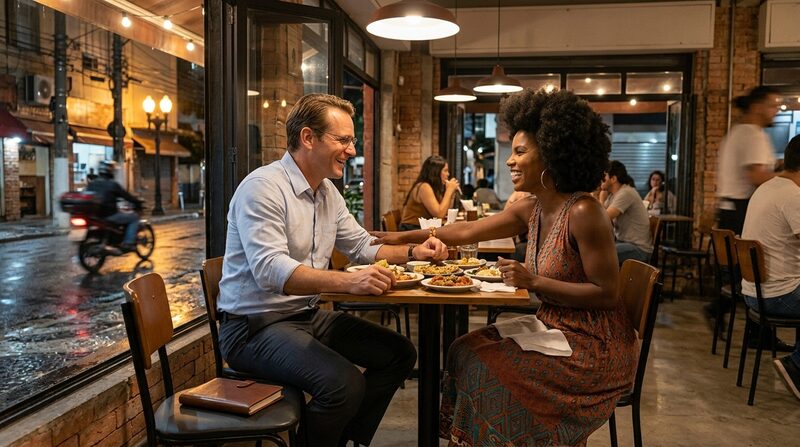 Klaus and Thaís share dinner beside an open restaurant window, his notebook closed on a spare chair.