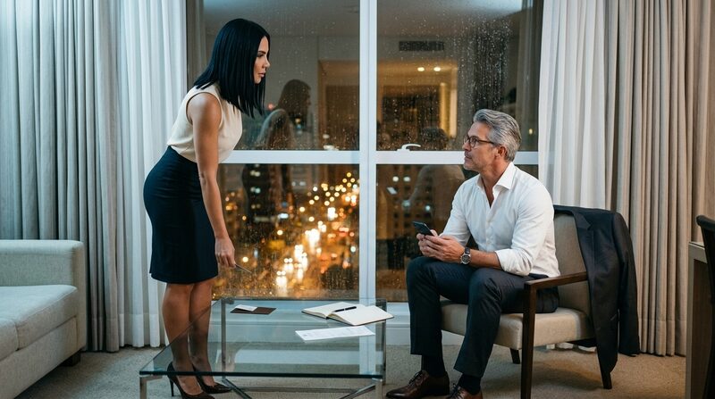 Natalia stands beside a hotel-suite table while Marcus holds his phone; a room-key sleeve and receipt lie between them.