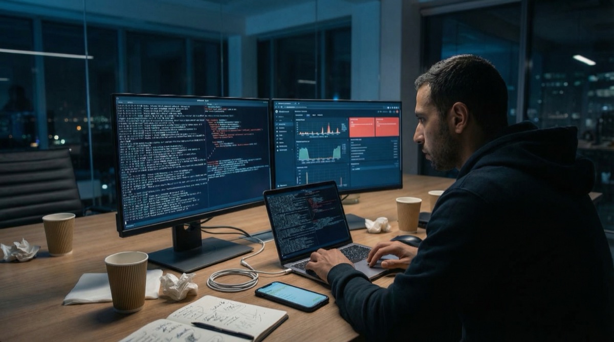 Hassan trabajando solo tarde por la noche