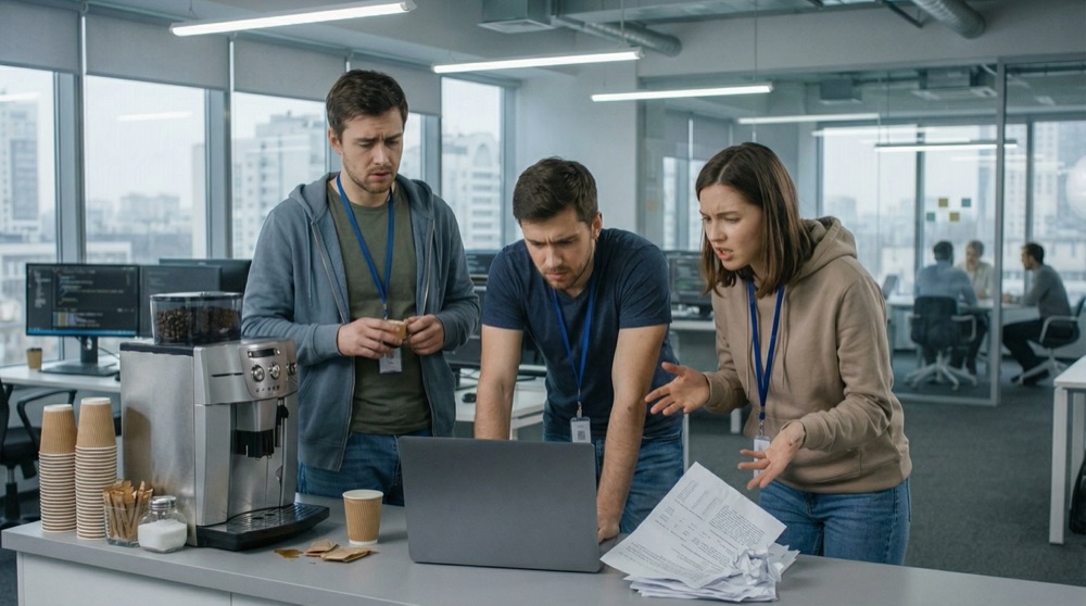 Jan y Kerem en la máquina de café