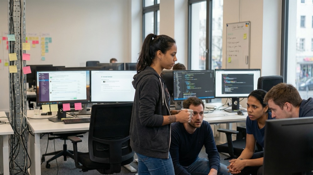 Cuatro nuevos desarrolladores en su cluster de escritorios, mirando código con expresiones confundidas