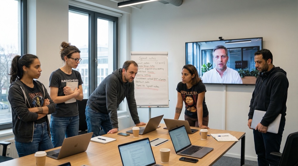 Equipo de desarrollo reunido para standup meeting con Lukas por videollamada