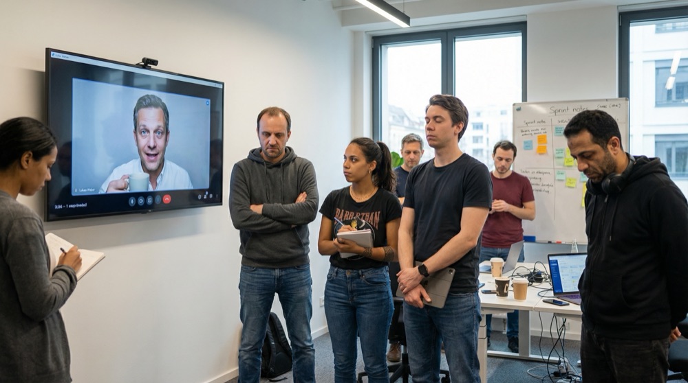 Equipo de desarrollo reunido para el standup matutino, Lukas en la pantalla de videollamada