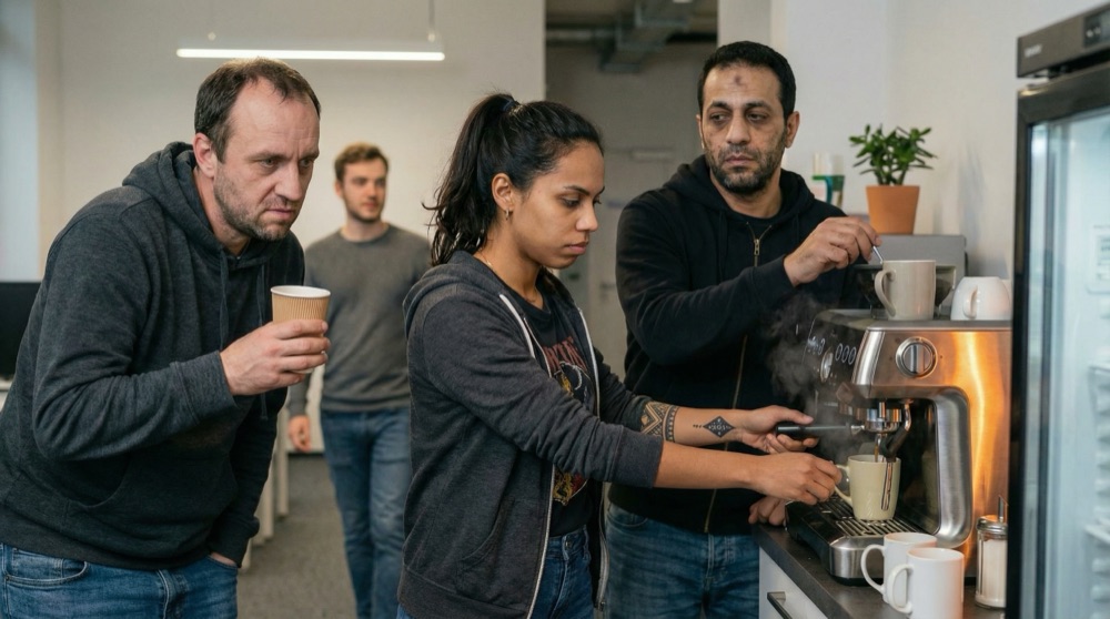 Tomasz, Mariana y Hassan agrupados junto a la máquina de café