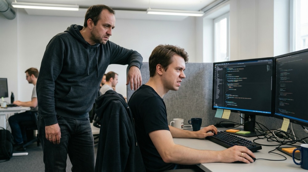 Tomasz apoyado contra la partición del escritorio de Anton, ambos luciendo frustrados, la pantalla de Anton mostrando código backend desconocido