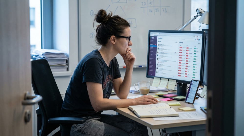 Katja Muller en su escritorio revisando datos de entrega