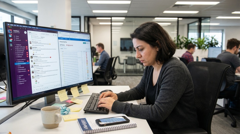 Ayşe en su escritorio con la cabeza ligeramente inclinada, notificaciones de Slack apilándose en la pantalla
